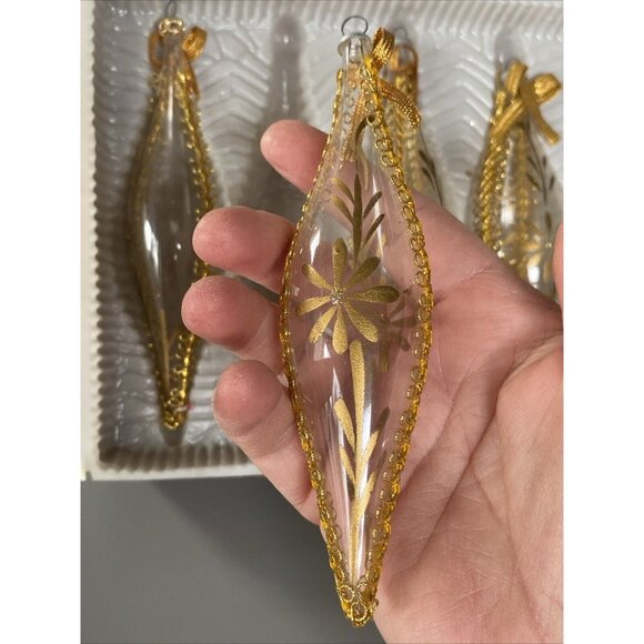5 Vintage Clear Glass Icicle Tear Drop Christmas Ornament Gold Accent Hand Paint - Picture 3 of 12